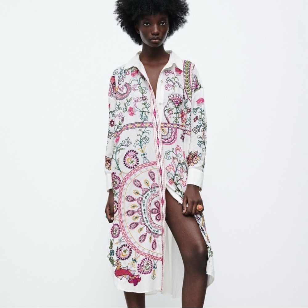 ZARA Floral Patterned Long Shirt Dress NWT XS